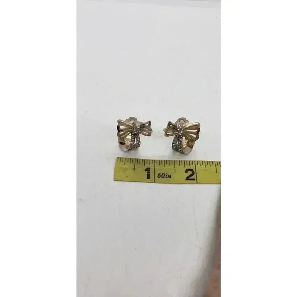 Vintage Earrings Gold Bows & Ribbons Rhinestone Clip Dimensional Holiday Gift - Picture 5 of 7